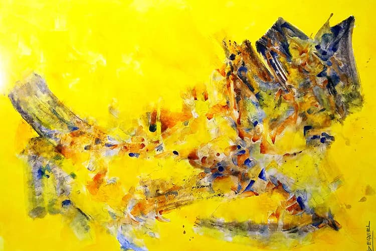 Abstract mixed-media painting by Ezequiel Jimenez featuring fragmented geometric forms in yellow, orange, blue, and gray on a vibrant yellow background.