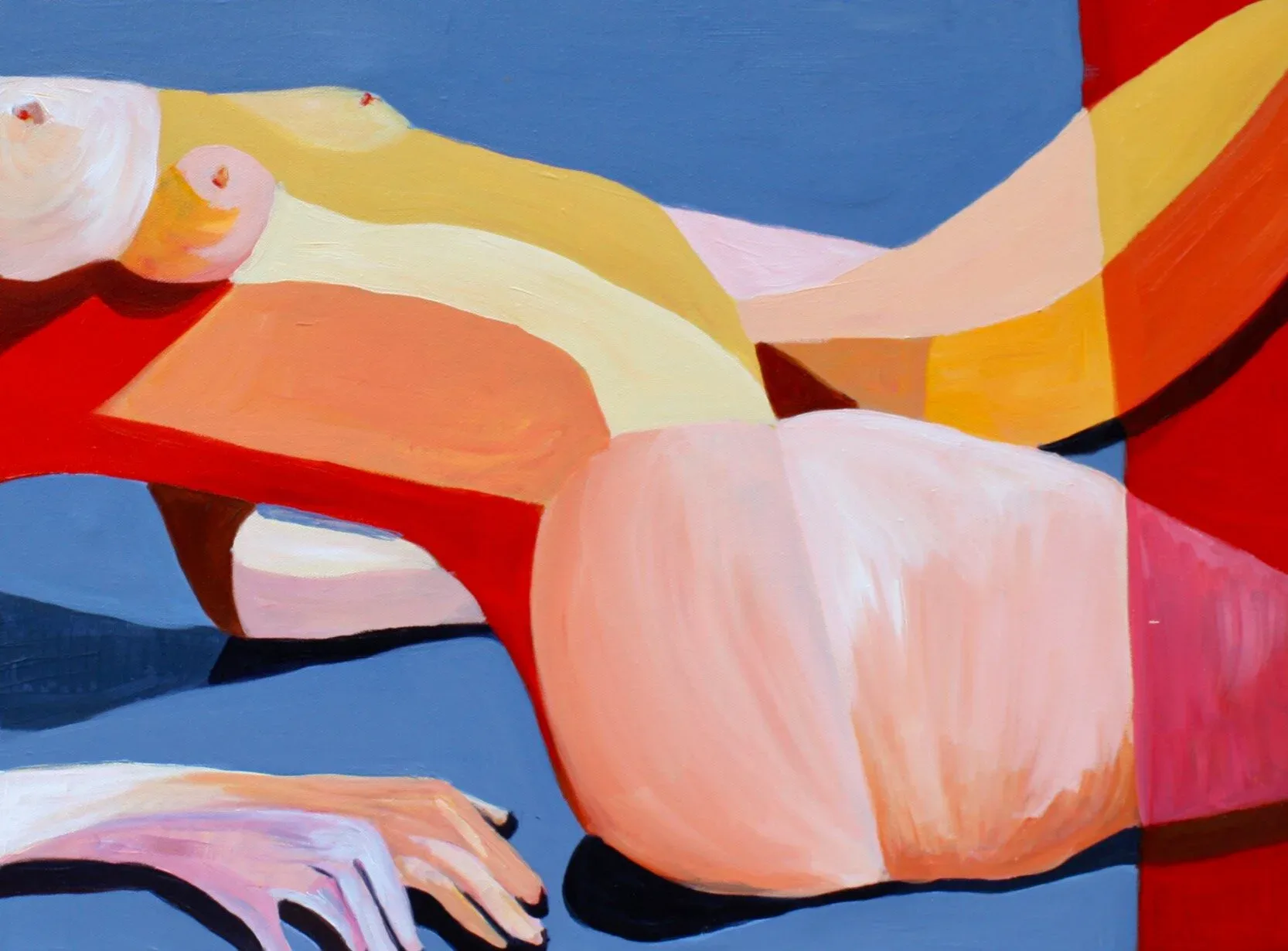 Abstract standing female torso on magenta background with fragmented blue, yellow and teal colour planes