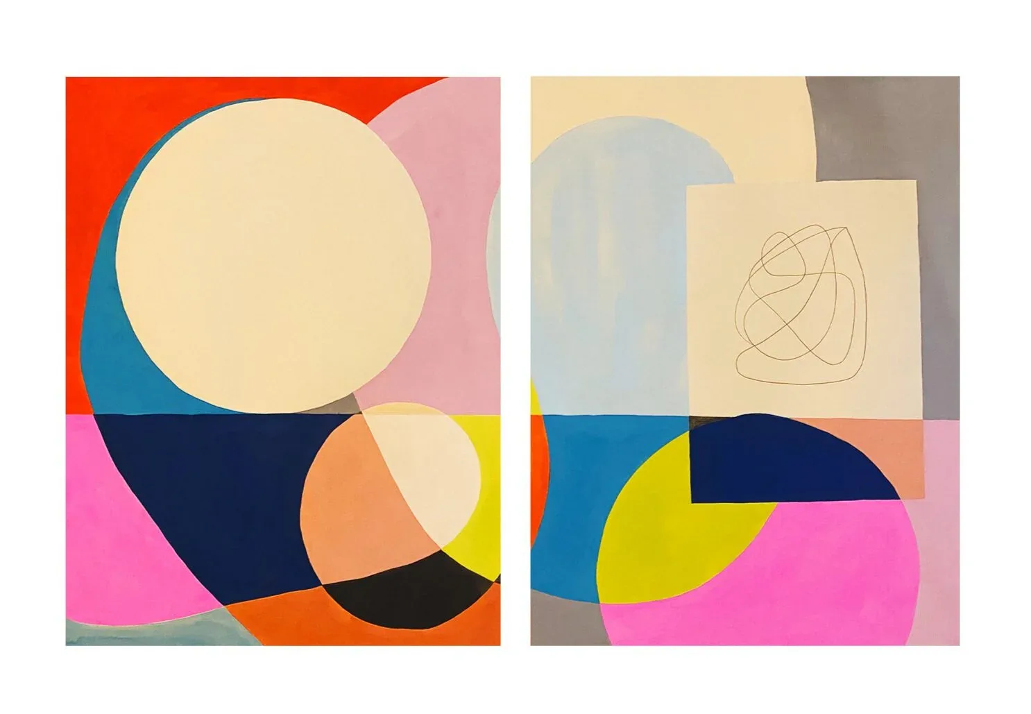 Diptych abstract paintings with bold geometric shapes in red, pink, blue, yellow, and cream