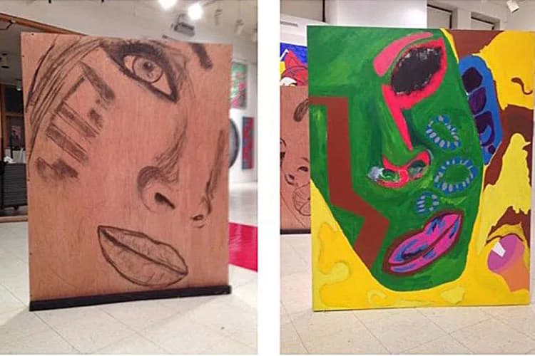 Two large canvas paintings displayed in a gallery: left canvas shows a minimalist portrait with line drawing in brown tones; right canvas features a vibrant abstract face with green, pink, blue, and yellow sections.