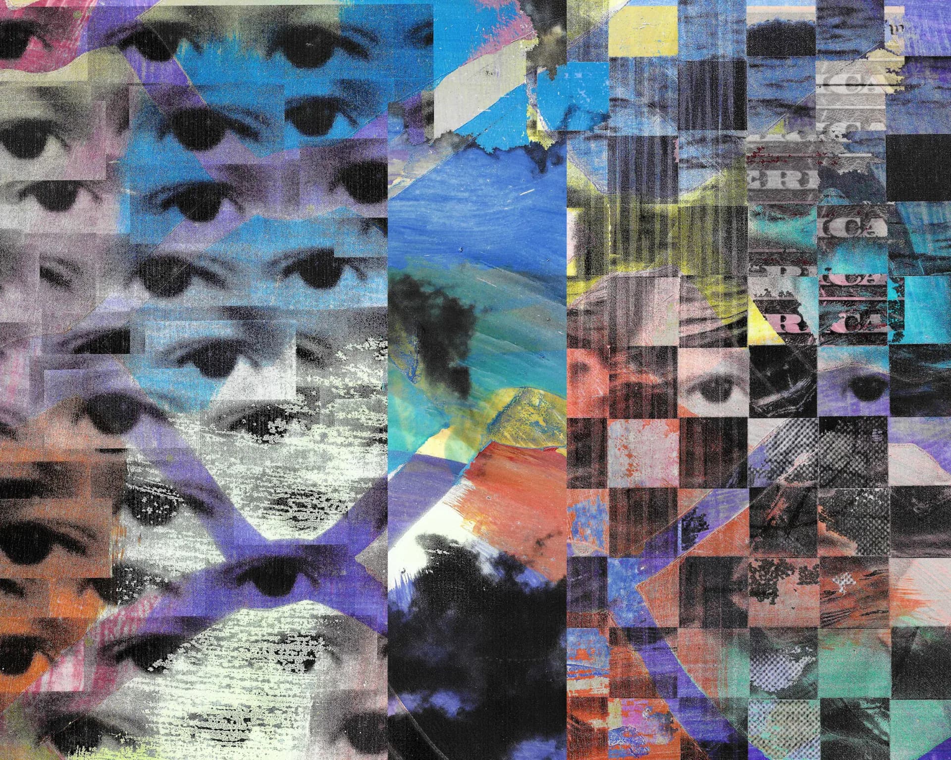 Digital mixed-media collage with repeated eye imagery, pixelated urban photographs, and multicolored overlays in purple, blue, and orange.