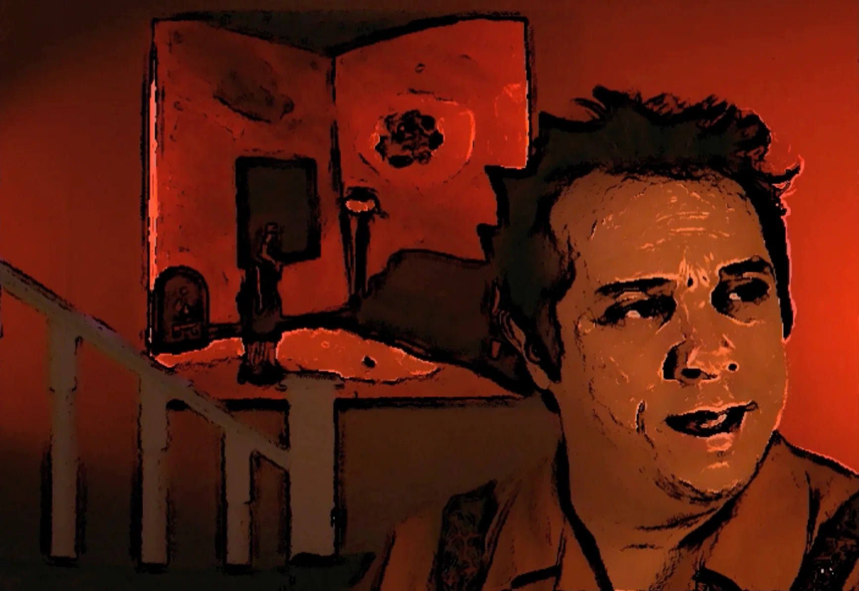 Stylized red-toned animated film still of a man in a dramatic interior scene