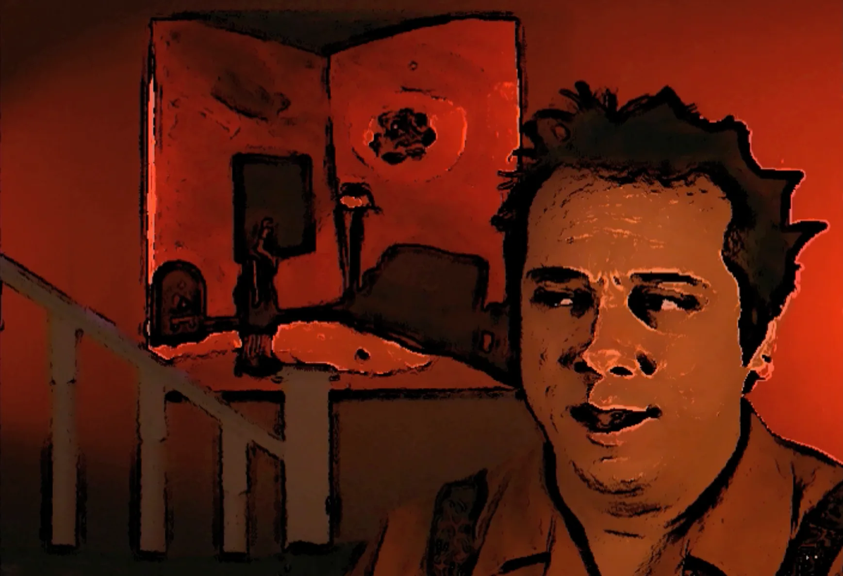 Stylized red-toned animated film still, slightly different composition of the same scene