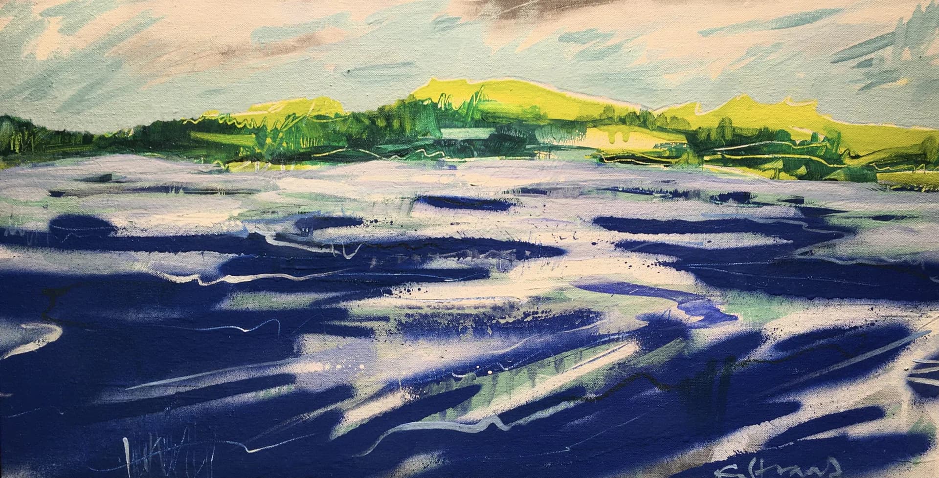 Vibrant abstract landscape with dramatic sky in blue, orange, yellow and red sweeping brushstrokes