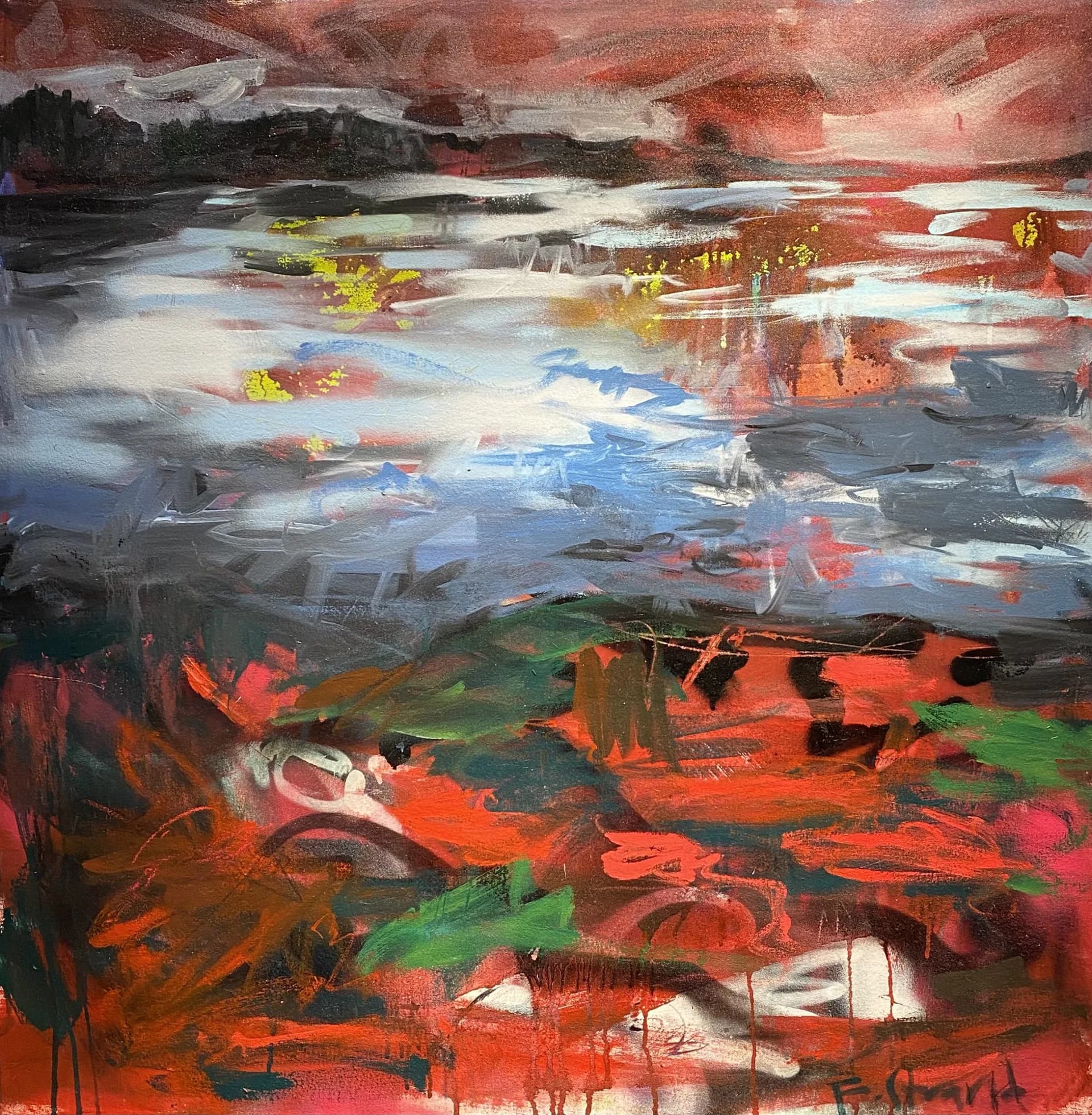 Large square abstract landscape in deep reds, blacks and blues with layered gestural marks