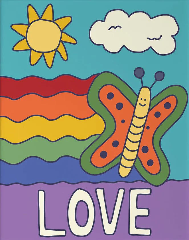 Colorful illustration with teal sky, rainbow-striped hills, smiling butterfly, sun, cloud, and the word LOVE in white text on purple band at bottom.