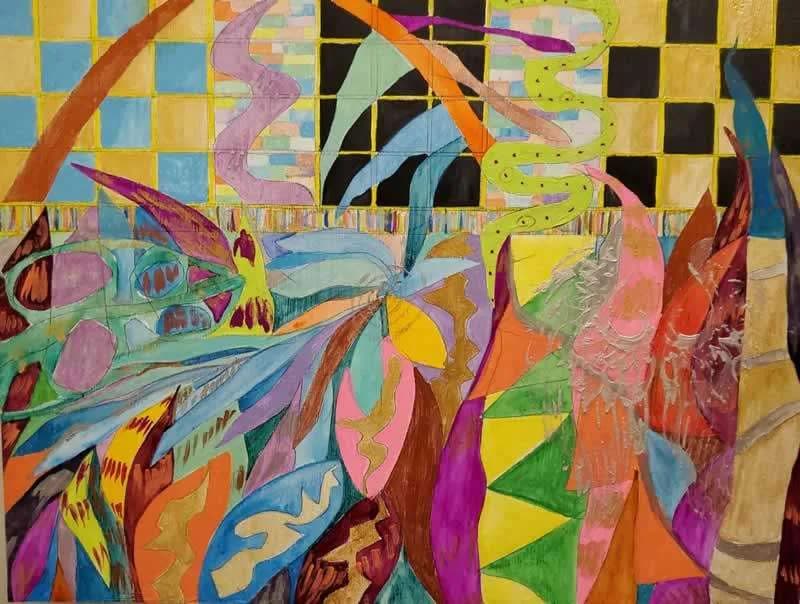 Abstract blue and gold watercolor painting with spiraling leaf forms on golden background