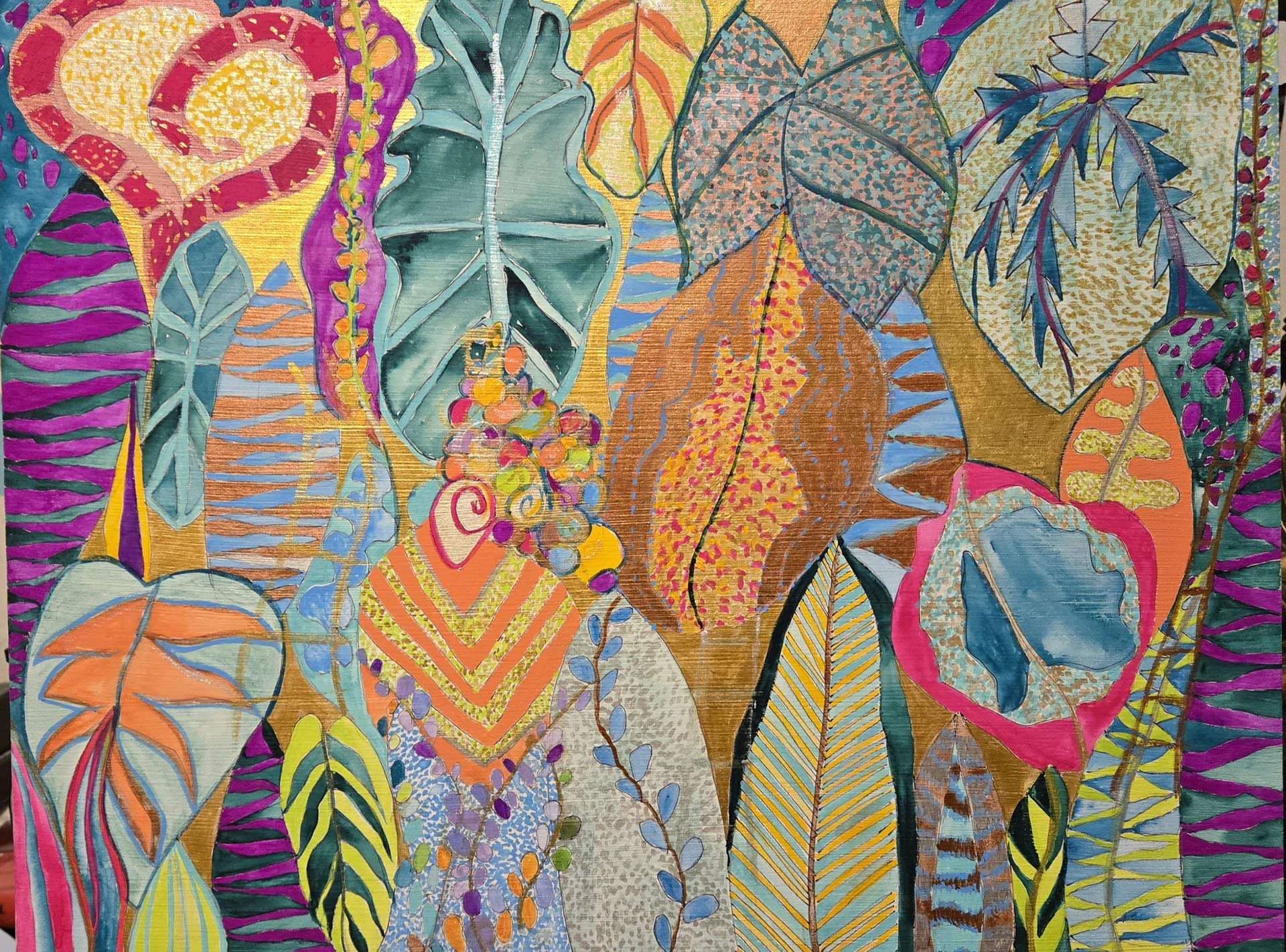 Vibrant tropical botanical painting with patterned leaves in magenta, teal, gold and orange