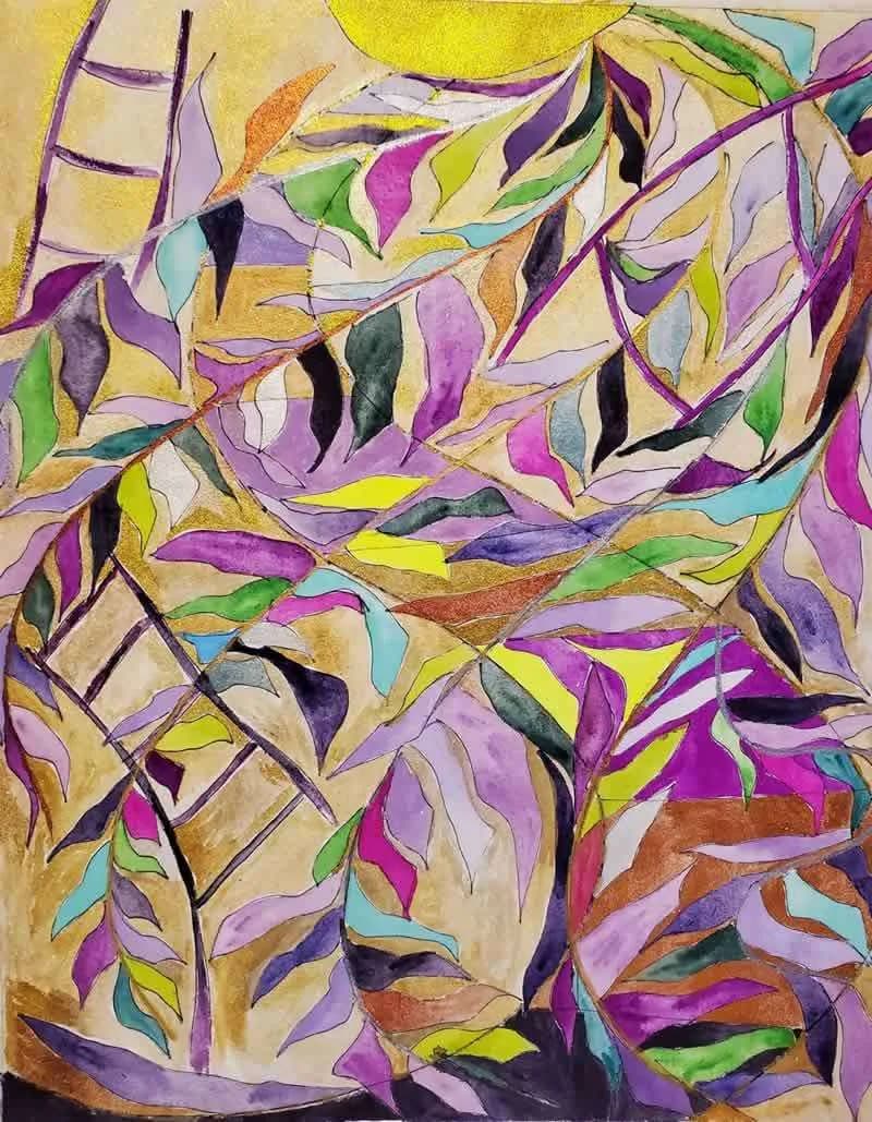 Blue willow branches cascading over golden background with architectural pathway below