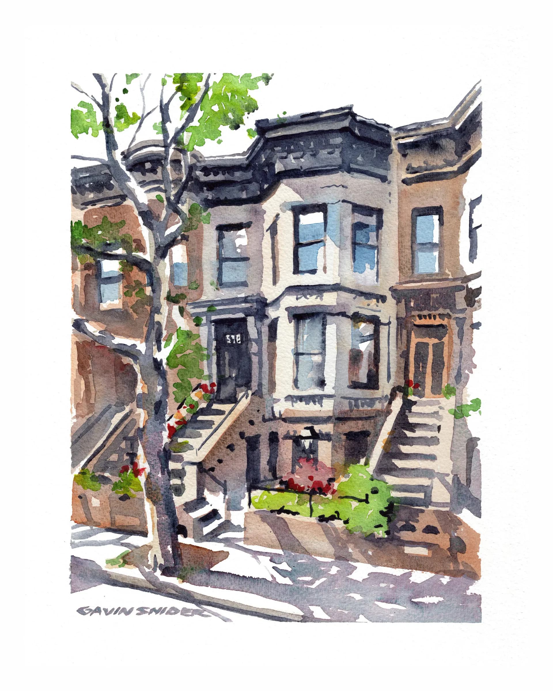 Watercolor painting of Brooklyn brownstone rowhouses with summer trees and dappled shadows