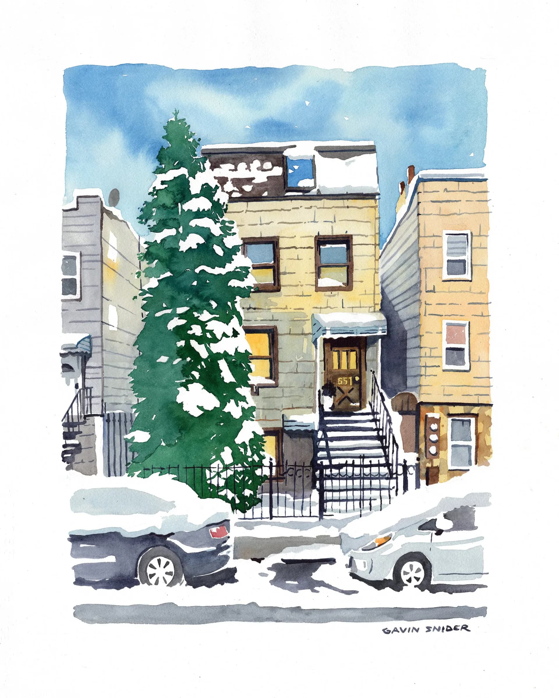 Watercolor of a snowy Brooklyn street with a tall evergreen tree beside a limestone rowhouse