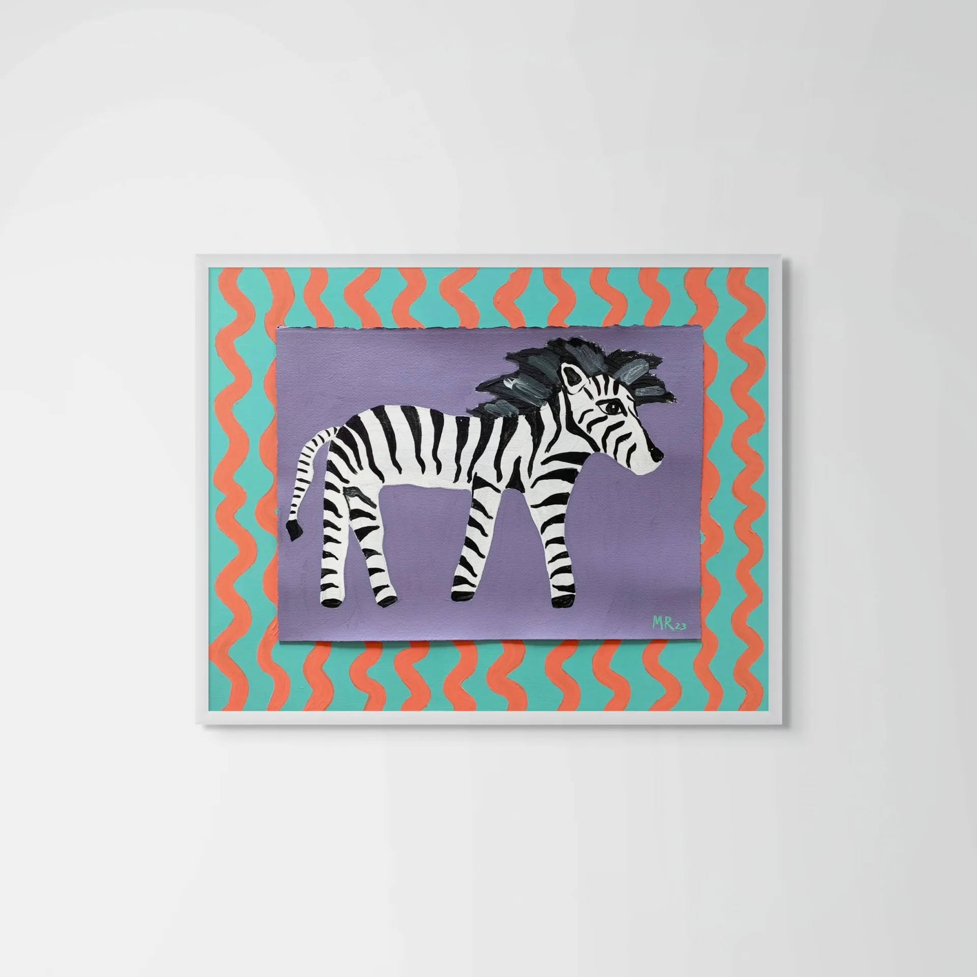 Painting of a striped zebra on purple background with turquoise and orange geometric border pattern.