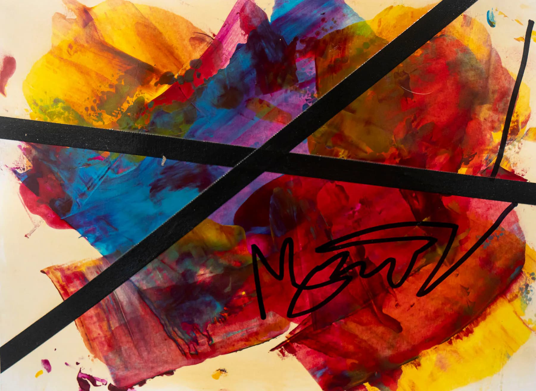 Abstract mixed-media painting dominated by yellow with layered reds, blues and greens beneath crossing black tape bands and fluid ink marks
