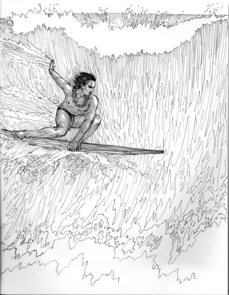 Pencil drawing of a Hawaiian surfer riding a wave on a traditional surfboard