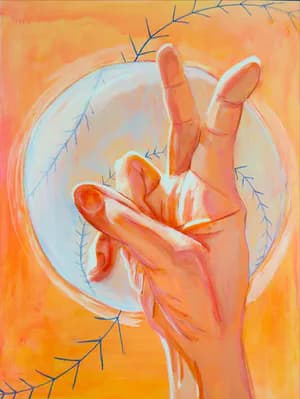 Painting of a hand making a gesture against an orange background with a circular halo and botanical line details
