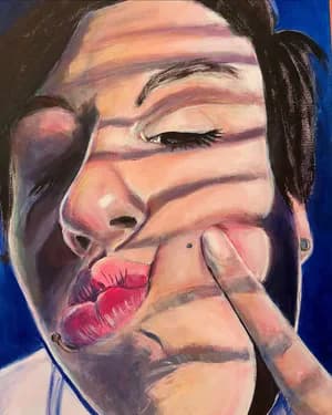 Close-up realist oil painting of a face with dramatic shadow stripes and a finger pressing against the cheek