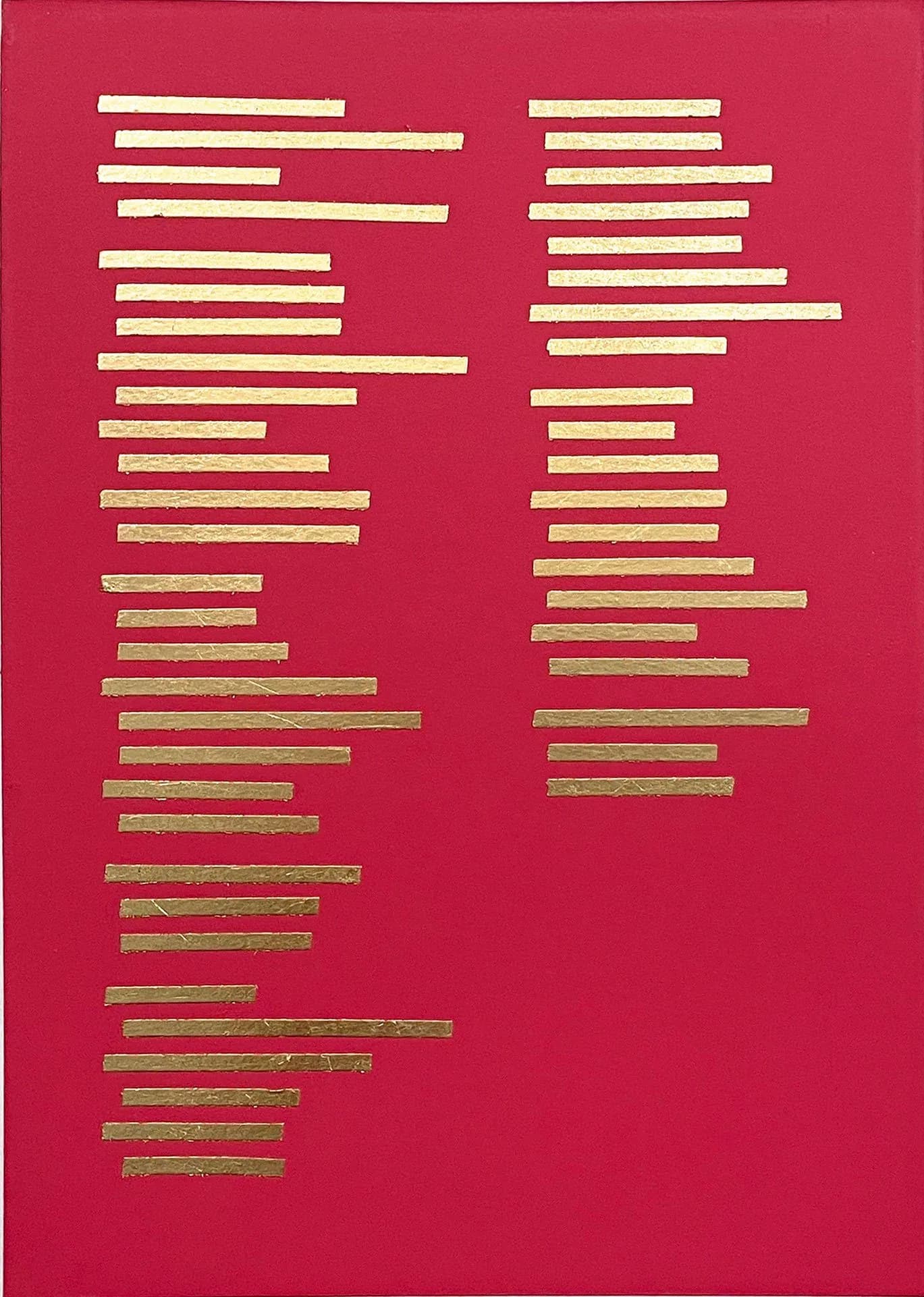 Red and gold abstract mixed-media work with gold leaf bars on crimson ground