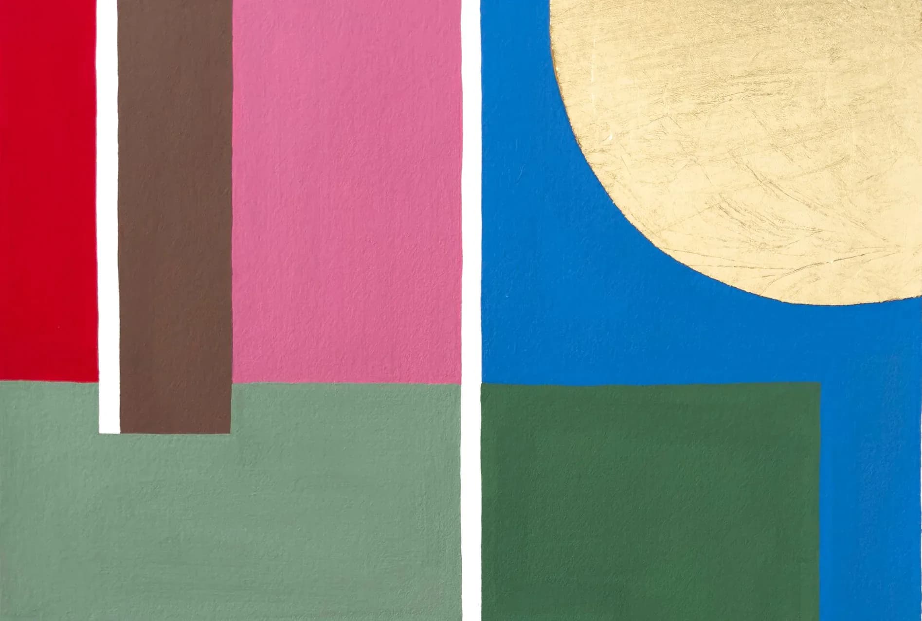 Abstract painting with bold color-block forms including red, mauve, blue, and gold leaf circle