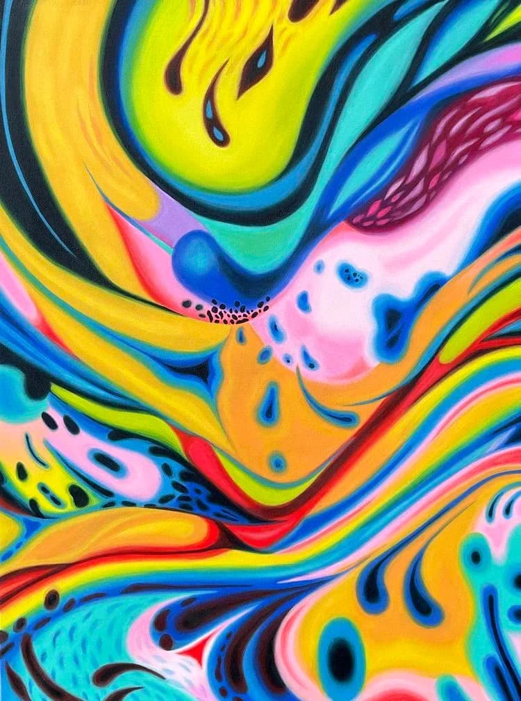 Vibrant psychedelic abstract painting with swirling neon yellow, blue, pink and orange forms