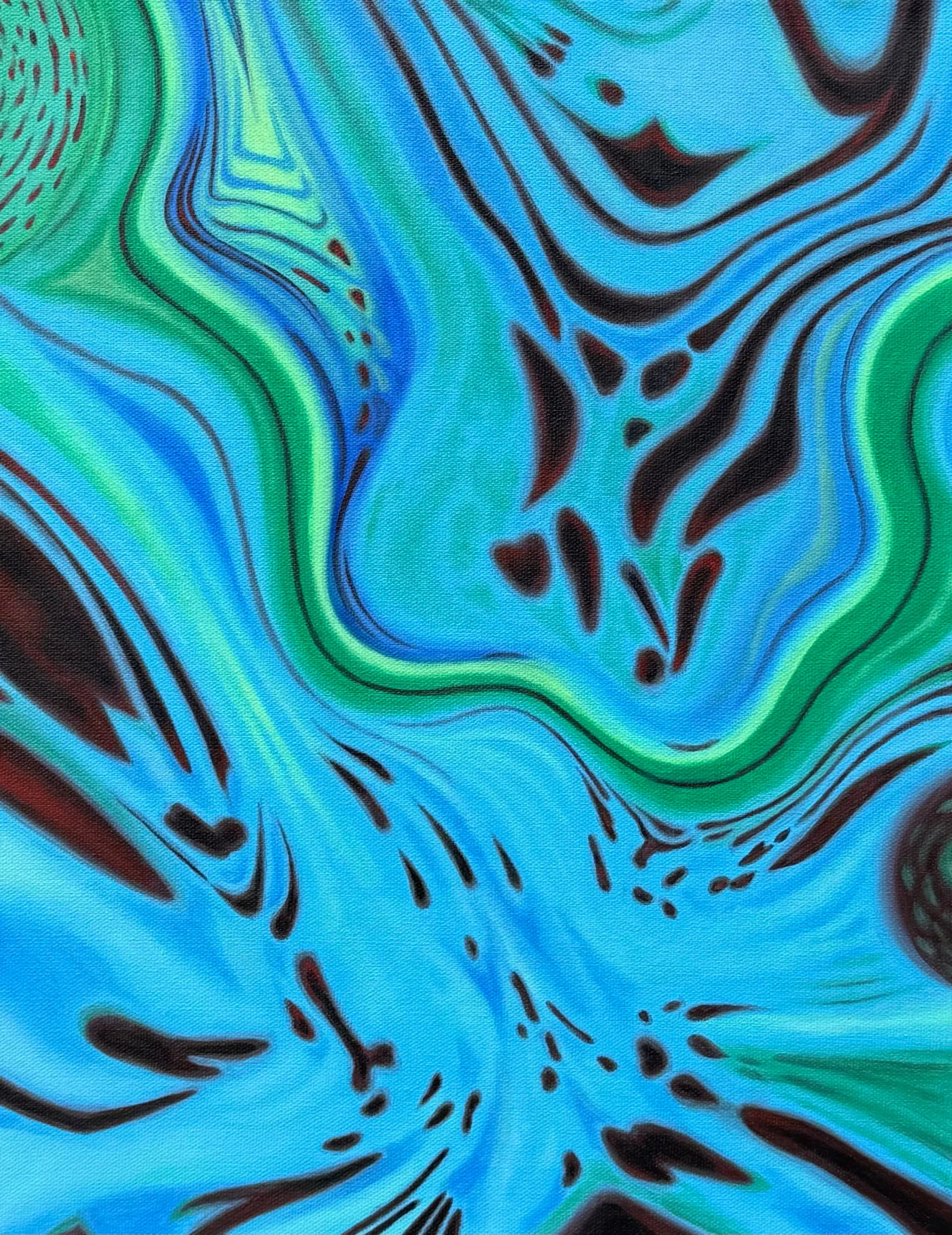 Luminous blue and green orchid painting on black background with spotted petals