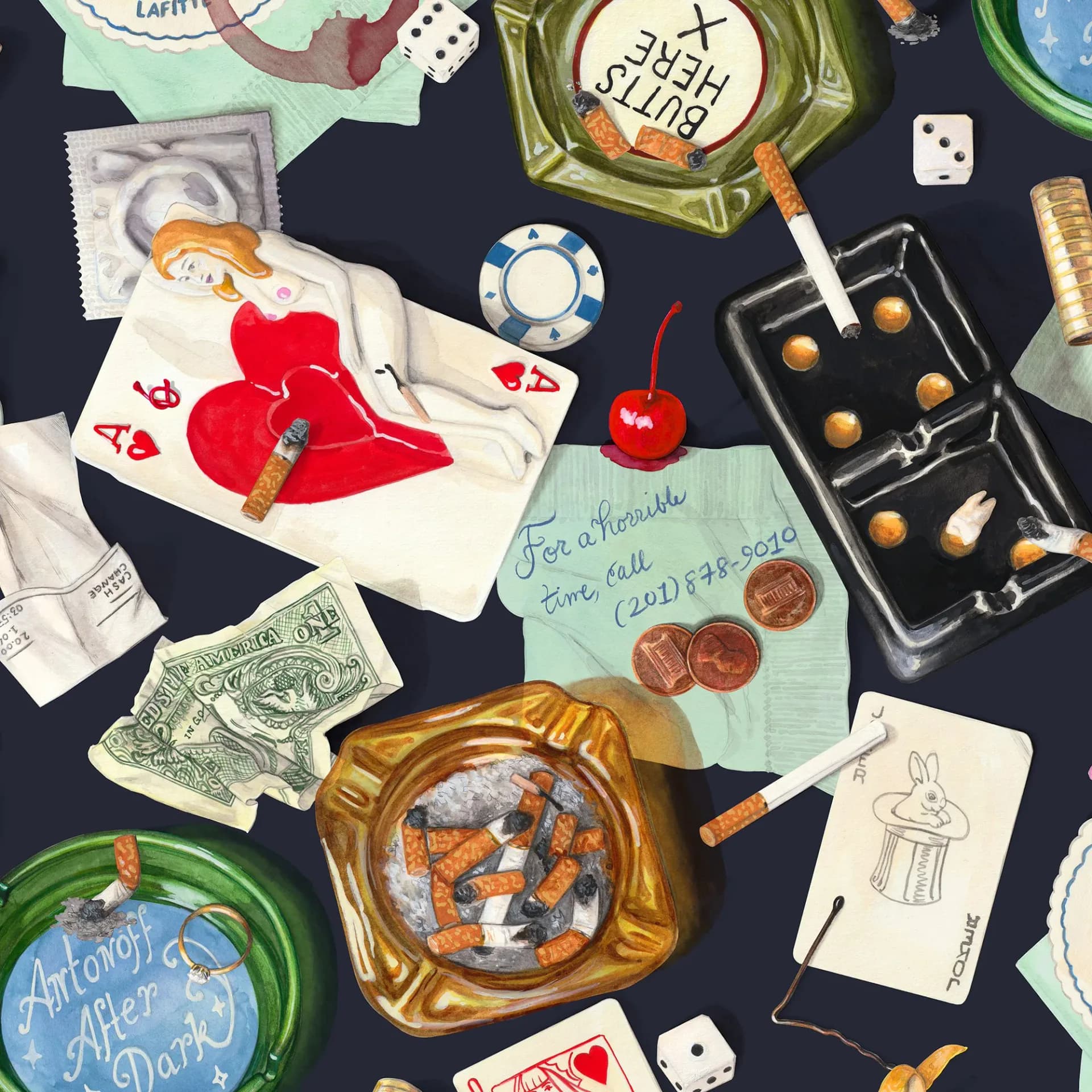 Flat-lay arrangement with decorative glass ashtrays, handwritten cards, dollar bills, red cherry, playing cards, and romantic memorabilia on dark surface.