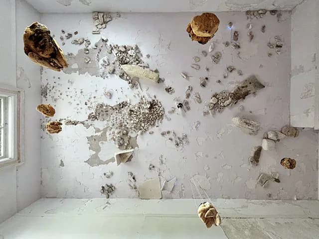 Overhead view of white gallery ceiling and walls with scattered sculptural debris, bronze fragments, and paper elements arranged across the surface.