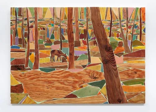 Mixed-media painting of forest interior with deer, colorful geometric wood fragments