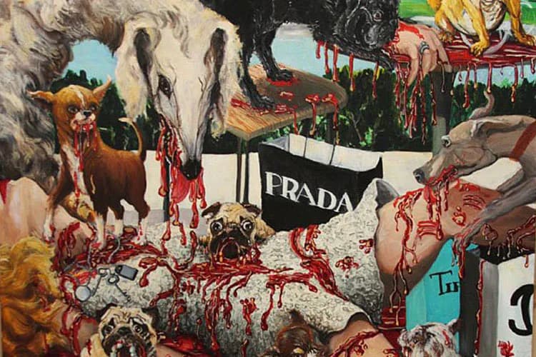 Collage painting featuring wild animals, blood-red tones, and a Prada banner amid surreal jungle scenery with layered imagery.