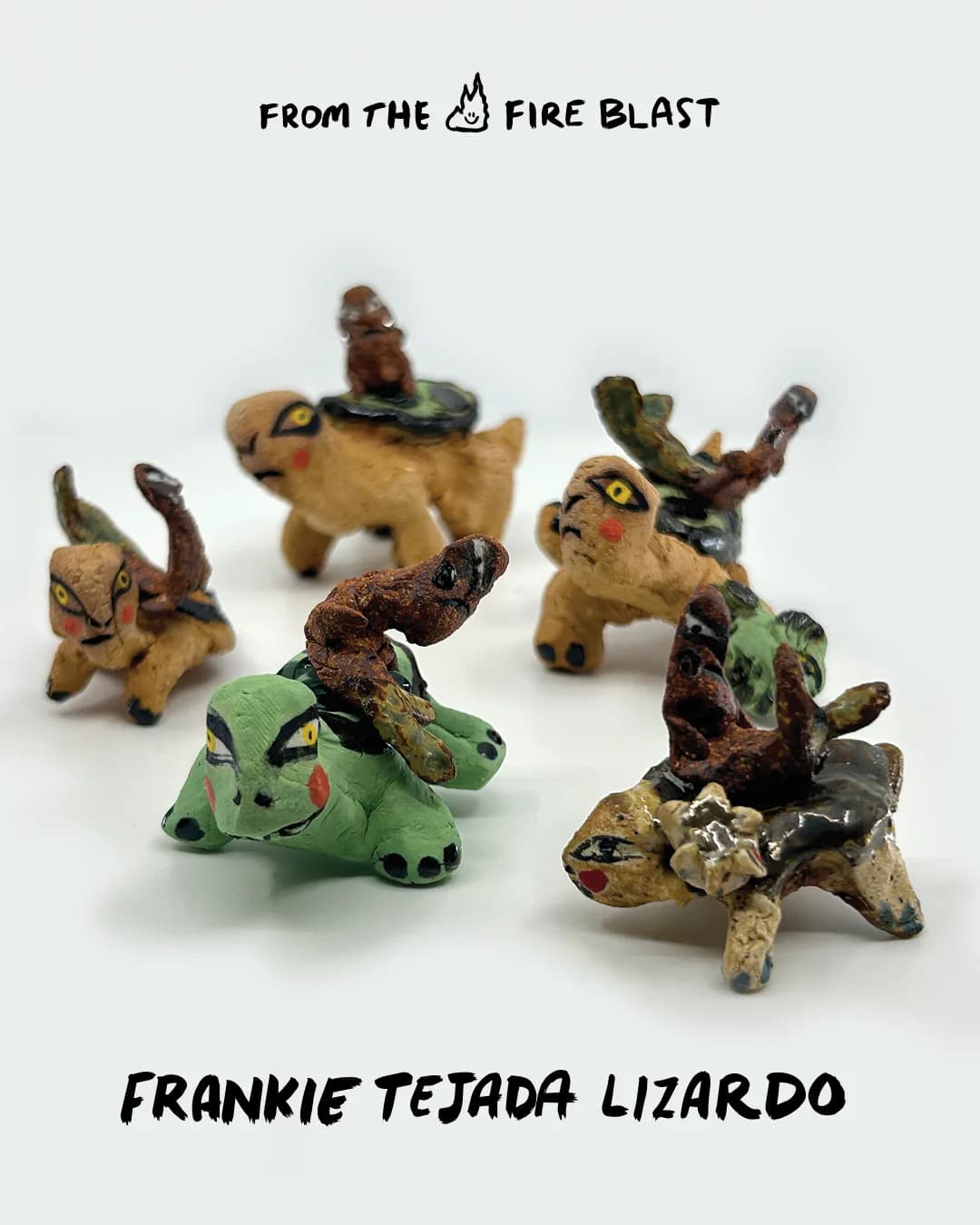 Five ceramic figurines of stylized creatures with earth tones and green accents, titled 'FRANKIE TEJADA LIZARDO' by Hi Bye.