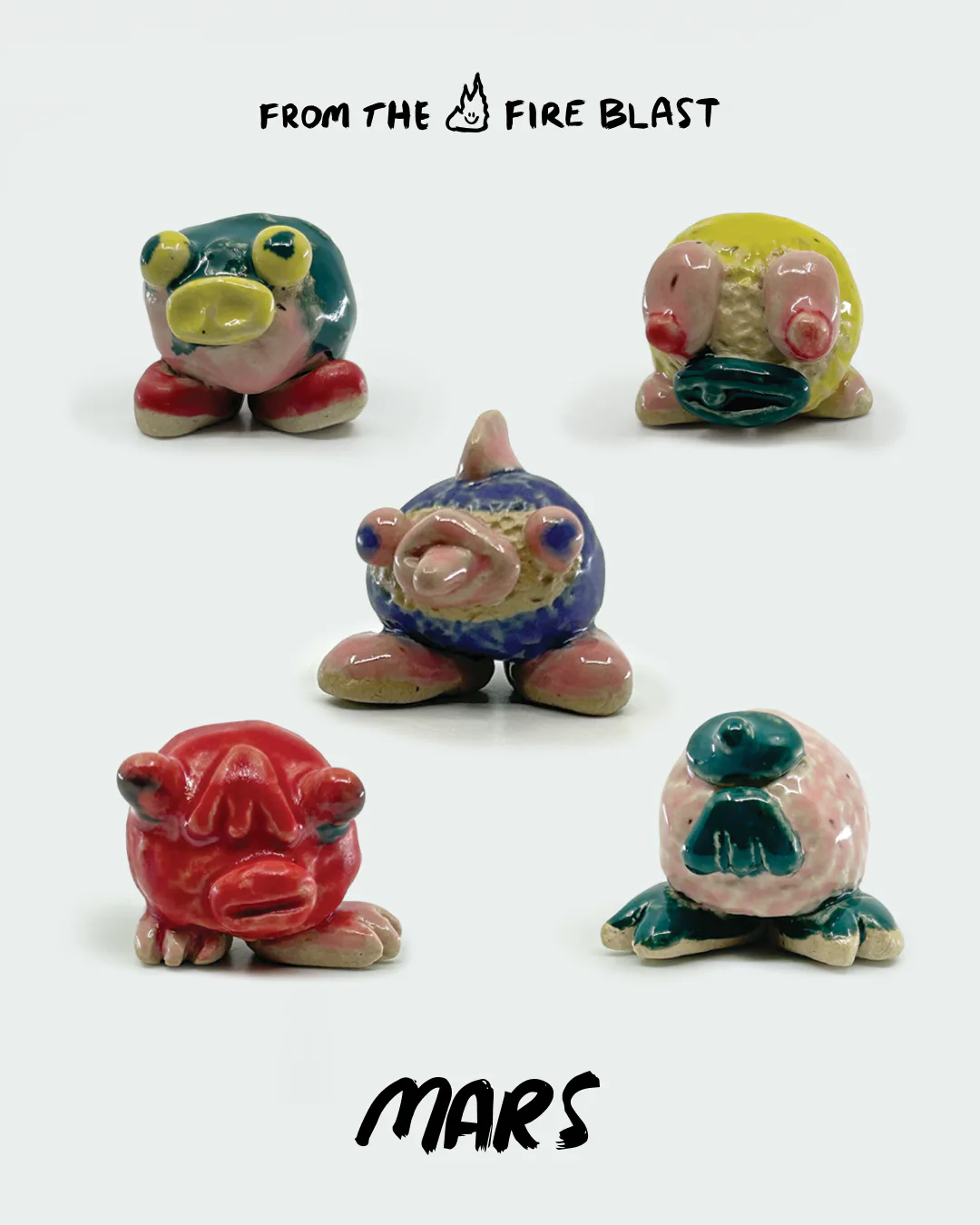 Five colorful ceramic sculptural forms with rounded shapes, varied glaze colors including yellow, red, blue, and green, titled 'MARS'.