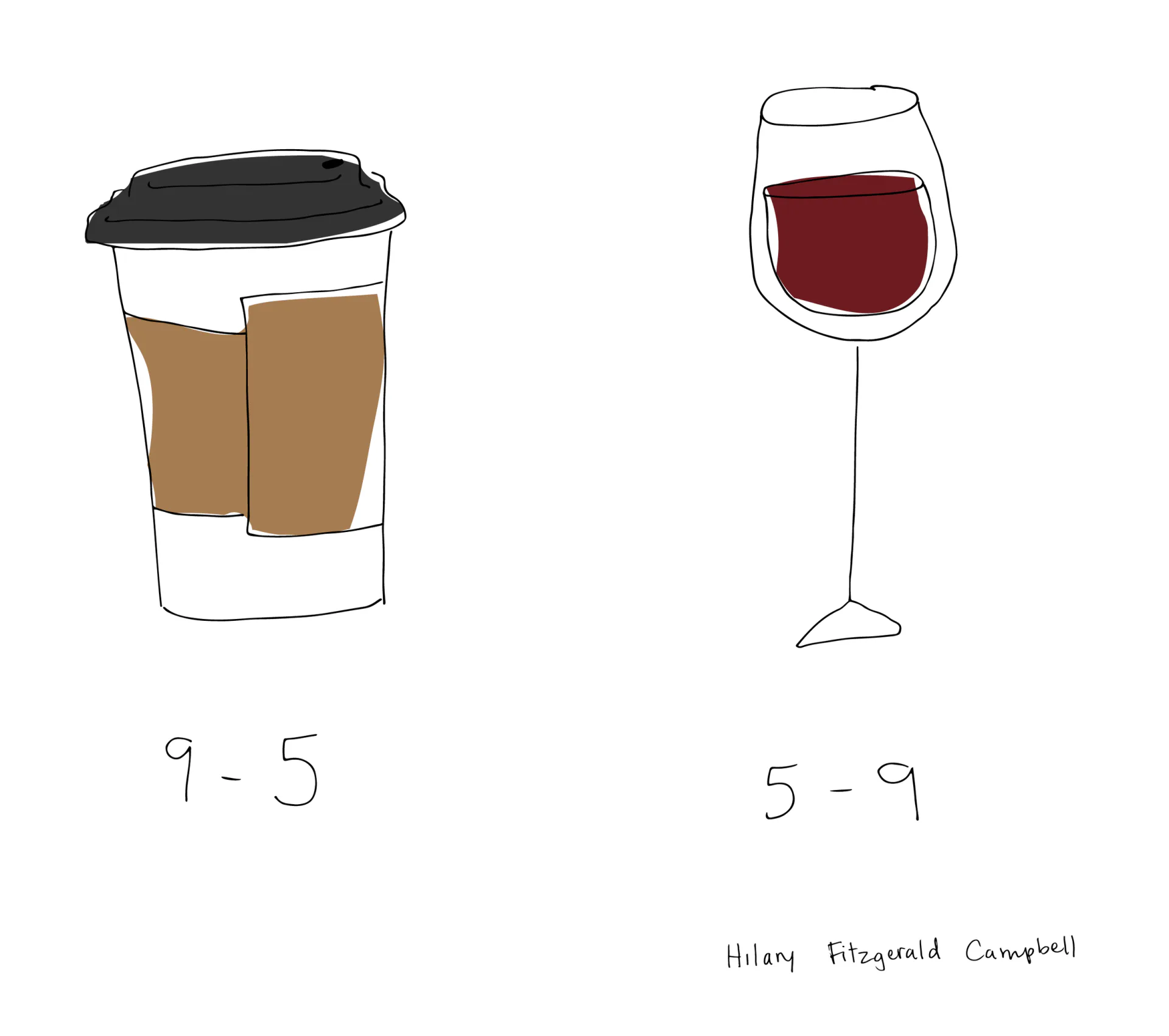Two simple line drawings by Hilary Fitzgerald Campbell: a coffee cup labeled '9-5' and a wine glass labeled '5-9,' commenting on work-life timing.
