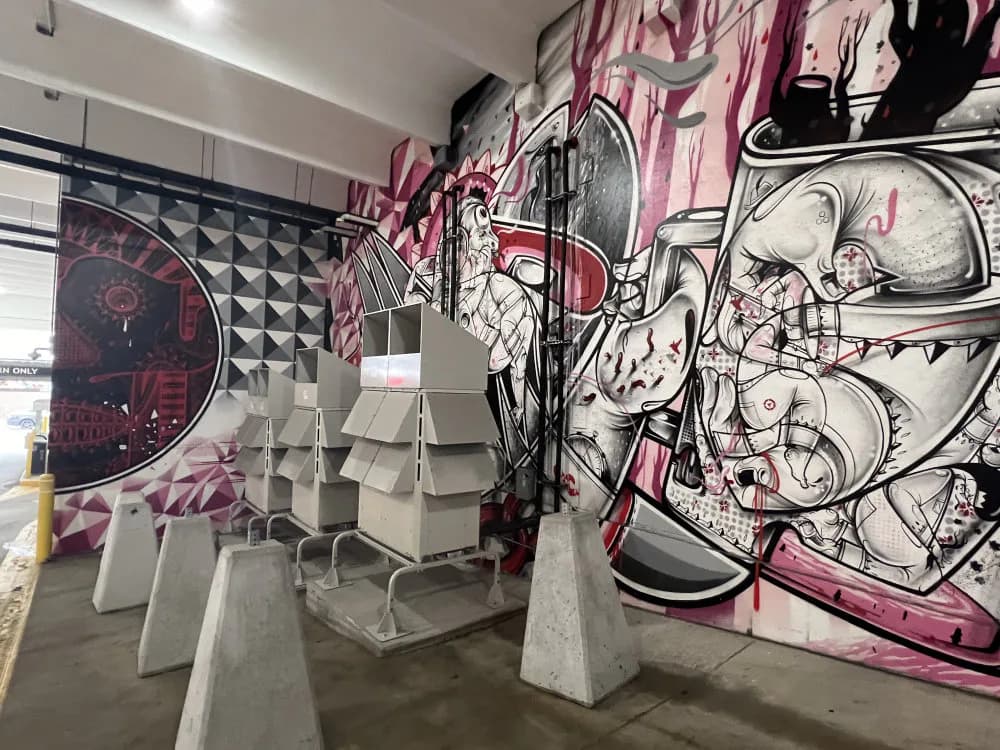 Large-scale mixed-media installation by How and Nosm featuring pink, black, and white abstract forms, geometric patterns, and flowing line work on walls with suspended sculptural elements in an industrial gallery space.