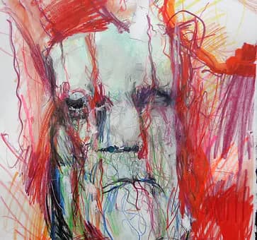 Expressive portrait with red swirling lines on white background