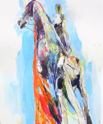 Colorful expressive painting of horse and rider