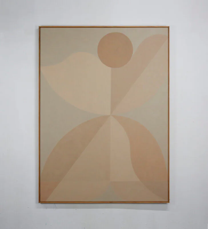 Large abstract painting with beige and peach geometric forms and circle on canvas