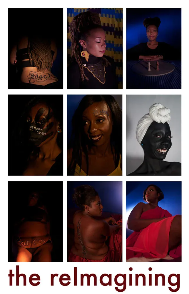 Nine-panel grid artwork titled 'the reimagining' featuring Ijeoma D. Iheanacho's photography series of people with darkened skin, body art, tattoos, and dramatic lighting in various poses and colors.