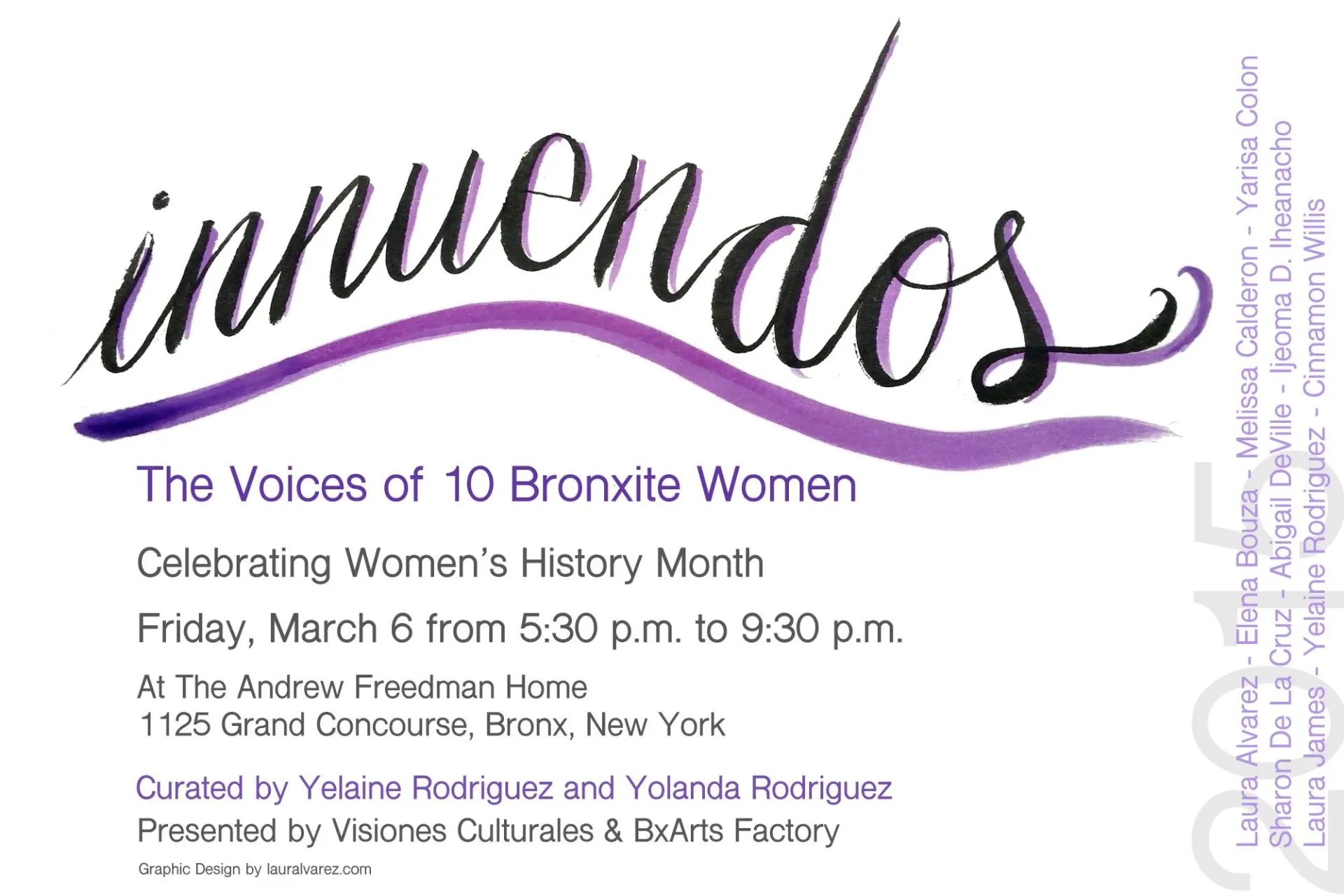 Exhibition flyer for 'inmuendos: The Voices of 10 Bronxite Women' Women's History Month event on March 6, with purple script typography and event details.