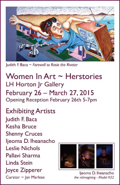 Exhibition poster for 'Women In Art ~ Herstories' at LH Horton Jr Gallery, February–March 2015, featuring mural artwork and list of exhibiting artists including Ijeoma D. Iheanacho.