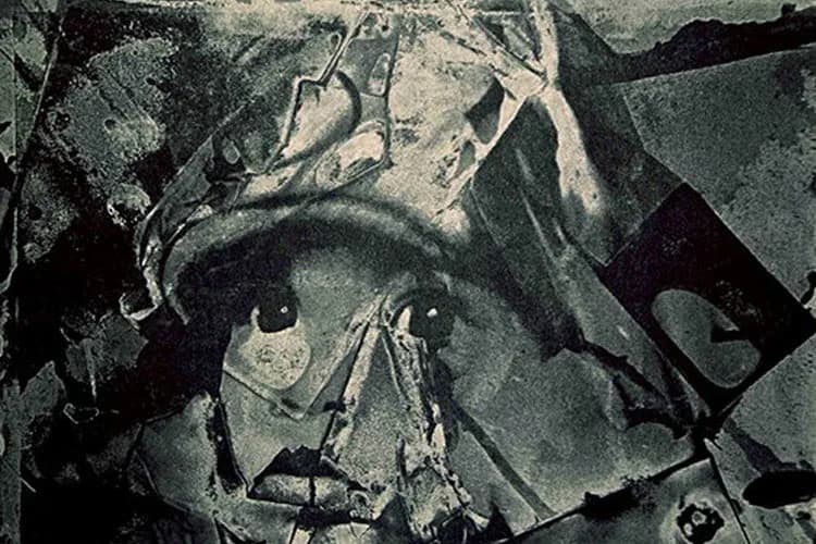 Black and white photographic collage with fragmented close-up of a face, eyes gazing upward, layered with geometric paper or material pieces creating an abstract, deconstructed composition.