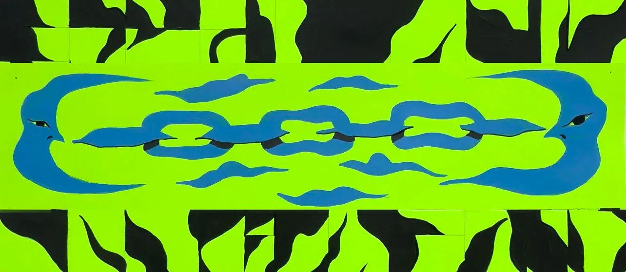 Bold green and blue large-scale painting featuring two serpentine figures forming a chain on a neon green background with black botanical patterns
