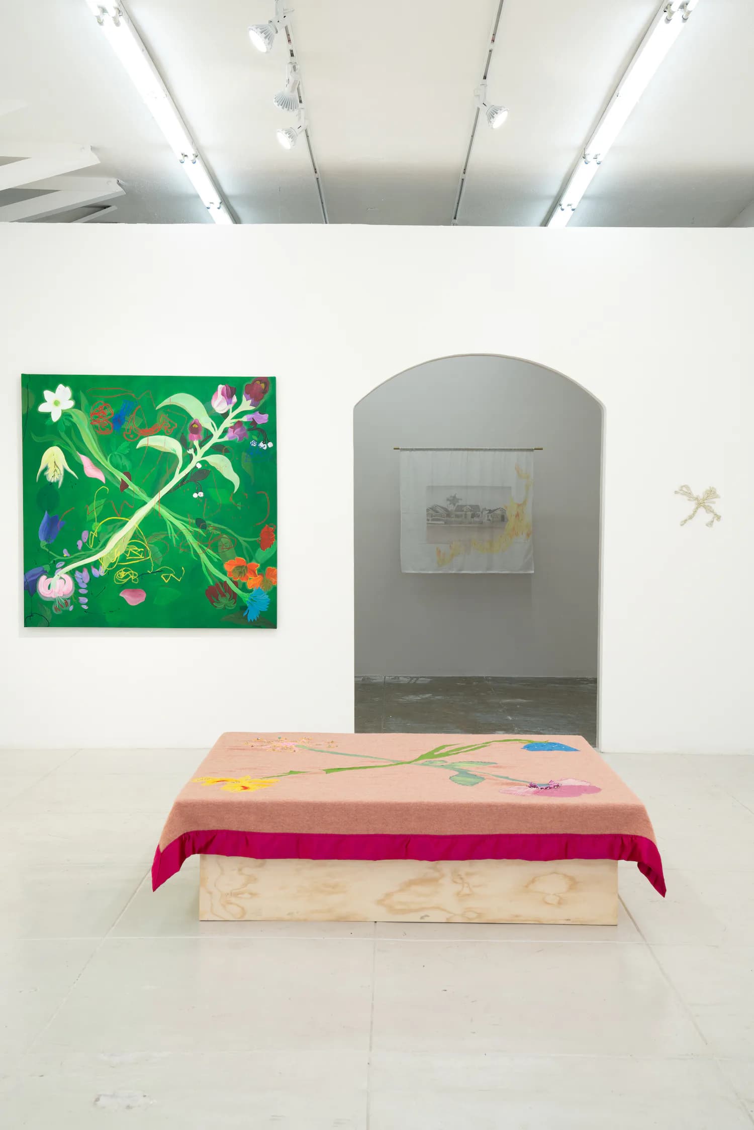 Gallery interior with white walls, track lighting, a wooden platform with pink fabric, green floral artwork on left wall, and arched doorway.