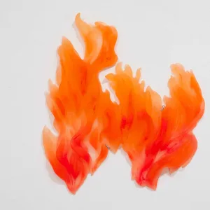 Abstract form with translucent orange and red flame-like shapes on white background, appearing delicate and organic.