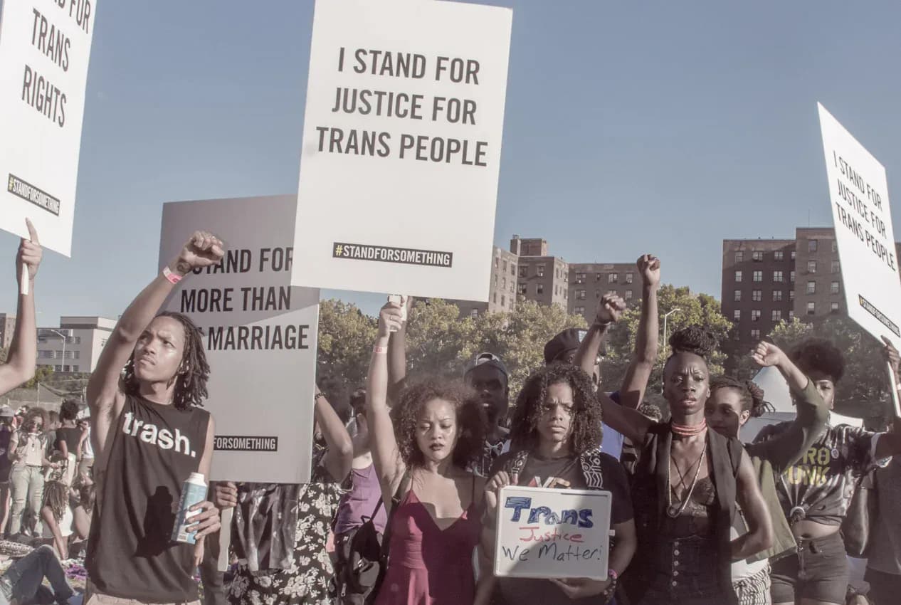 Protesters at Afropunk holding trans rights signs with fists raised