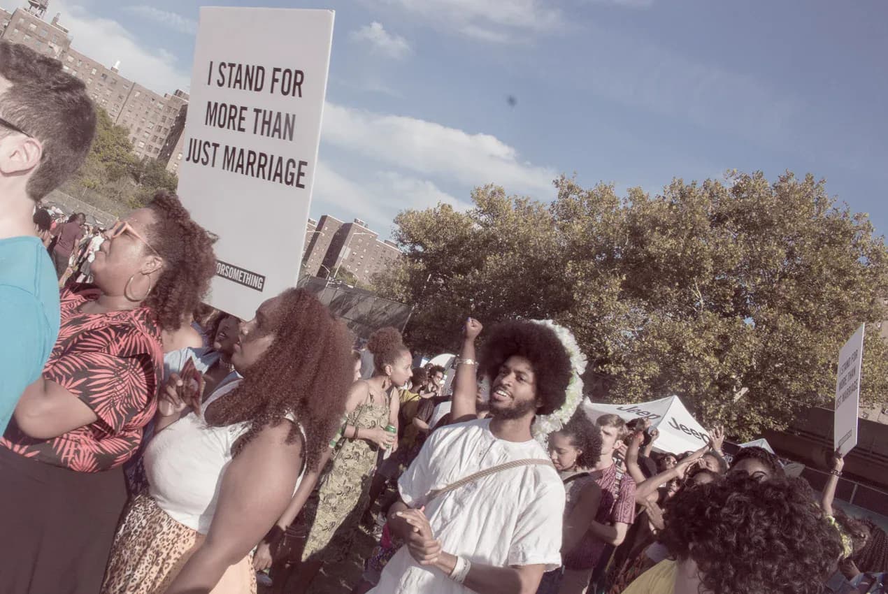 Crowd holding protest signs including I Stand For More Than Just Marriage at Afropunk festival