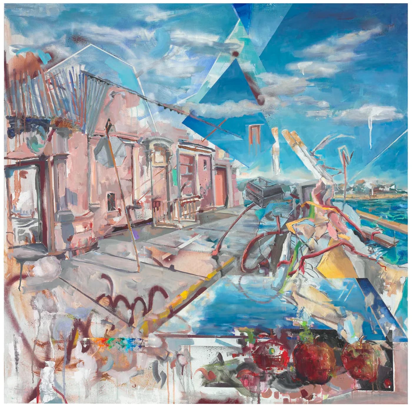 Large-scale painting of coastal scene with pink buildings, bicycle, geometric shapes, and still life elements