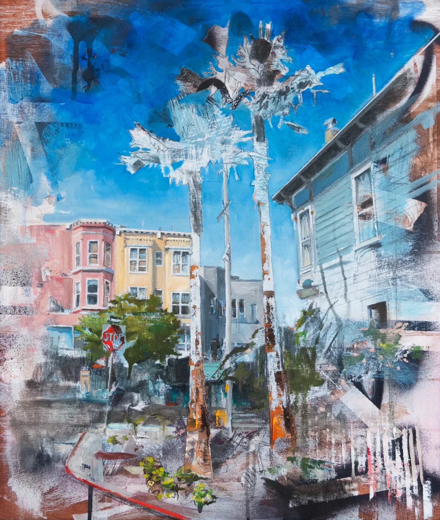 Painting of two bleached palm trees against a vivid blue sky on a San Francisco street corner