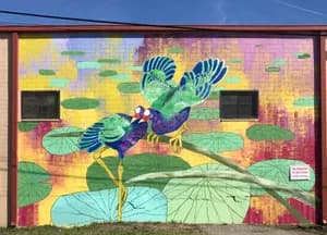 Colorful mural of two purple gallinule birds on lily pads