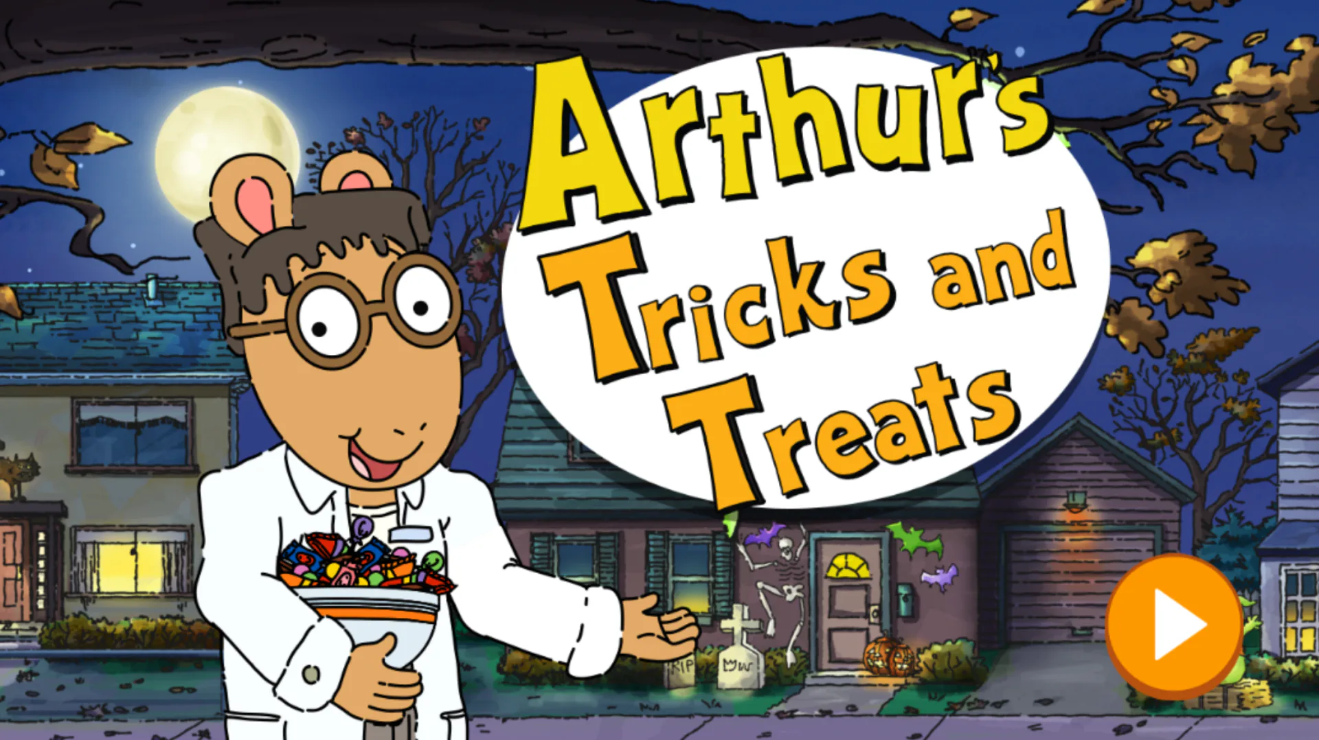 Arthur's Tricks and Treats game splash screen with Arthur in Halloween costume