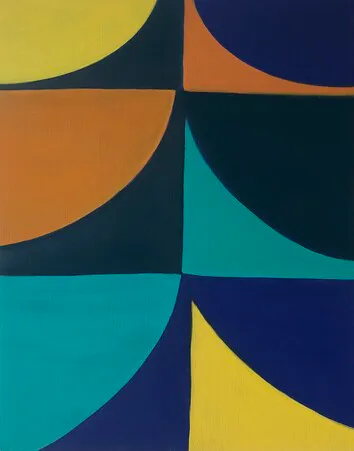 Abstract geometric painting with red and orange warm tones featuring curved arc forms