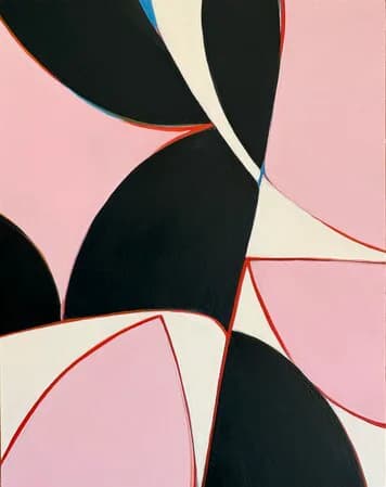 Abstract geometric painting with black and pink curved forms and red outline details